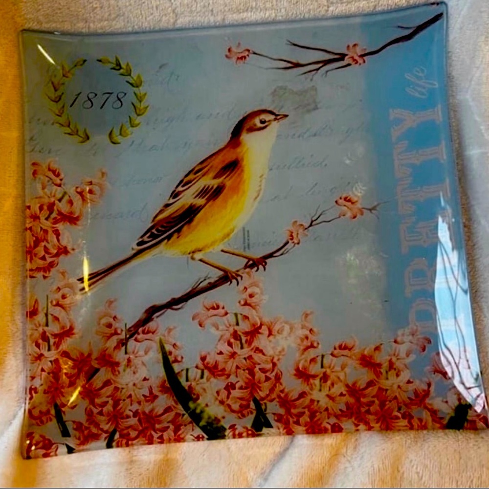 Pink,Floral,yellow,Bird,on A Branch,vintage Square 9 1/2 X9 1/2Glass,Plate ..new